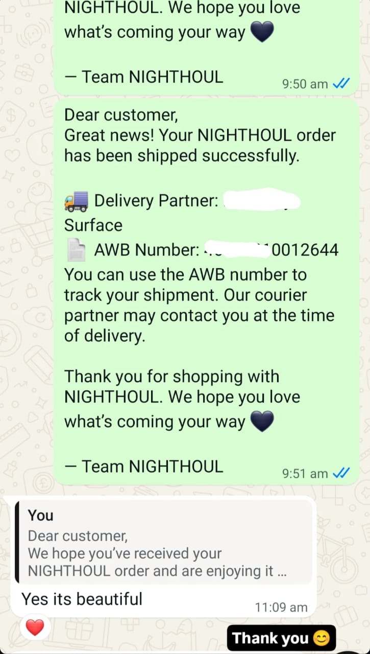 Text conversation between a customer and Nighthoul about an order being shipped successfully.